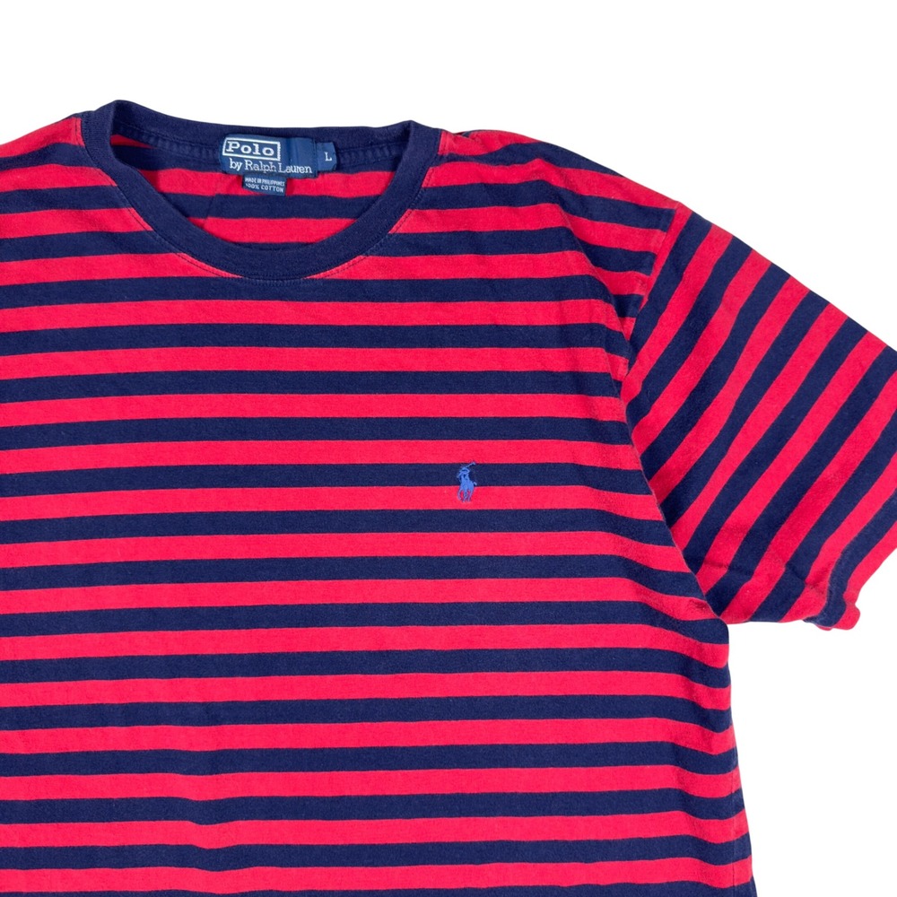 Y2K Polo Ralph Lauren Polo Shirt Mens Large Red Navy Striped Pony Logo Te - Picture 3 of 6